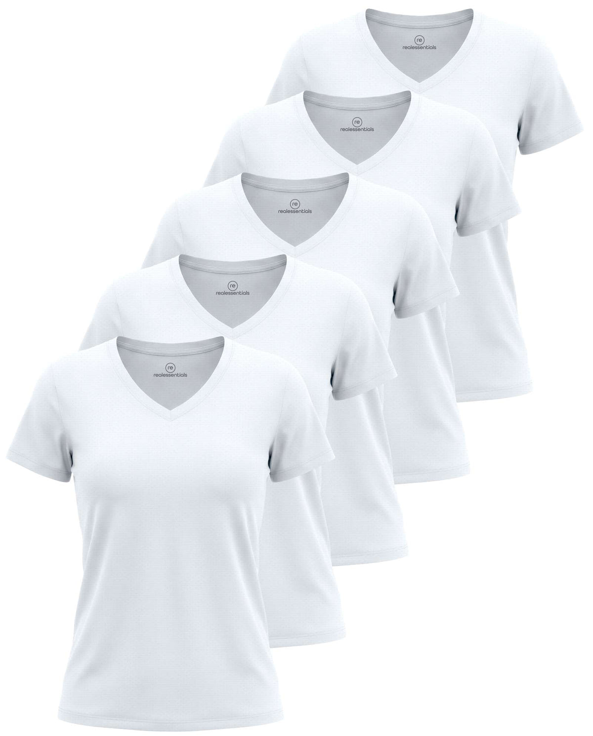Real Essentials 5 Pack Women's V Neck Tshirts Short Sleeve Dry Fit Workout Tops Tees Shirts - Solid Bright White, Solid Bright White, Solid Bright White, Solid Bright White, Solid Bright White