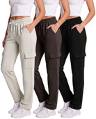 Real Essentials 3 Pack Women's Fleece Cargo Sweatpants Lounge Casual Sweat Pants Pockets - Solid Black, Solid Chocolate Torte, Solid Moonbeam