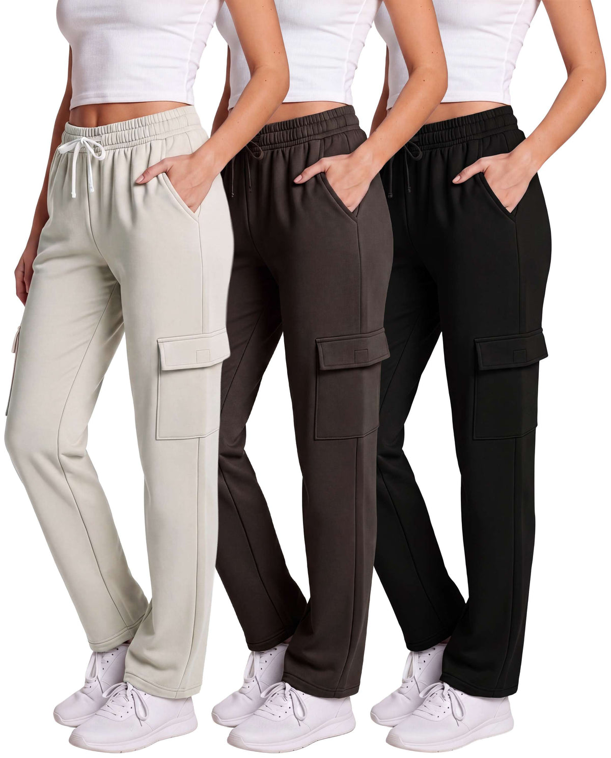 Real Essentials 3 Pack Women's Fleece Cargo Sweatpants Lounge Casual Sweat Pants Pockets - Solid Black, Solid Chocolate Torte, Solid Moonbeam