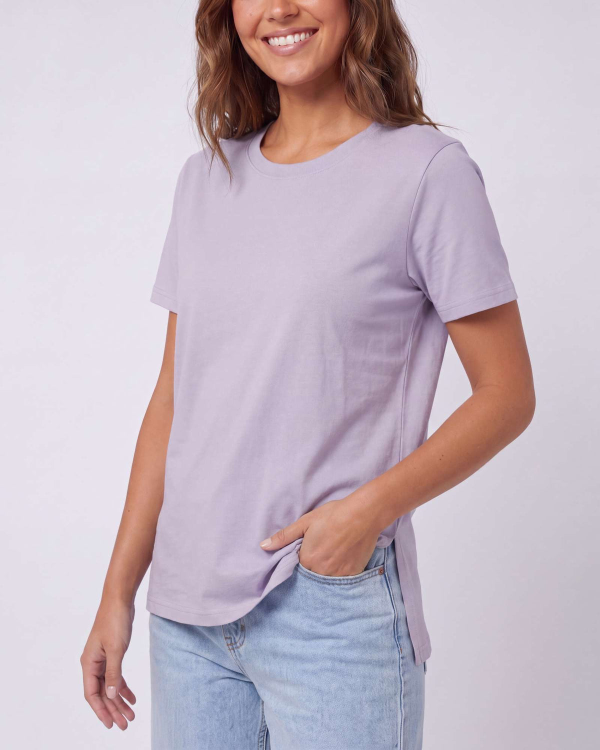 Real Essentials 3 Pack Women's Cotton Tshirts Split Hem Short Sleeve Crew Neck Tees Tops - Solid Black, Solid Navy Blazer, Solid Orchid Petal