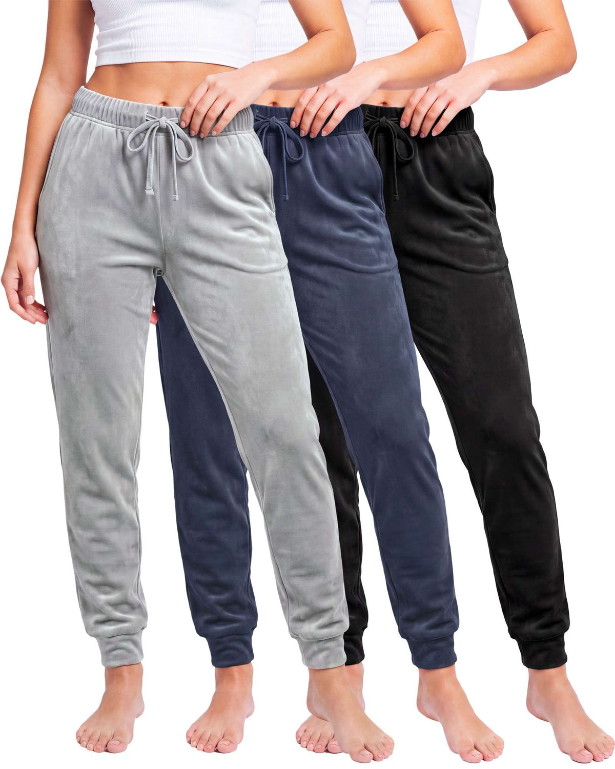 Real Essentials 3 Pack Women Velour Velvet Joggers Sweatpants Pants Cozy Lounge Pull On - Solid Black, Solid Navy Blazer, Solid Ultimate Grey