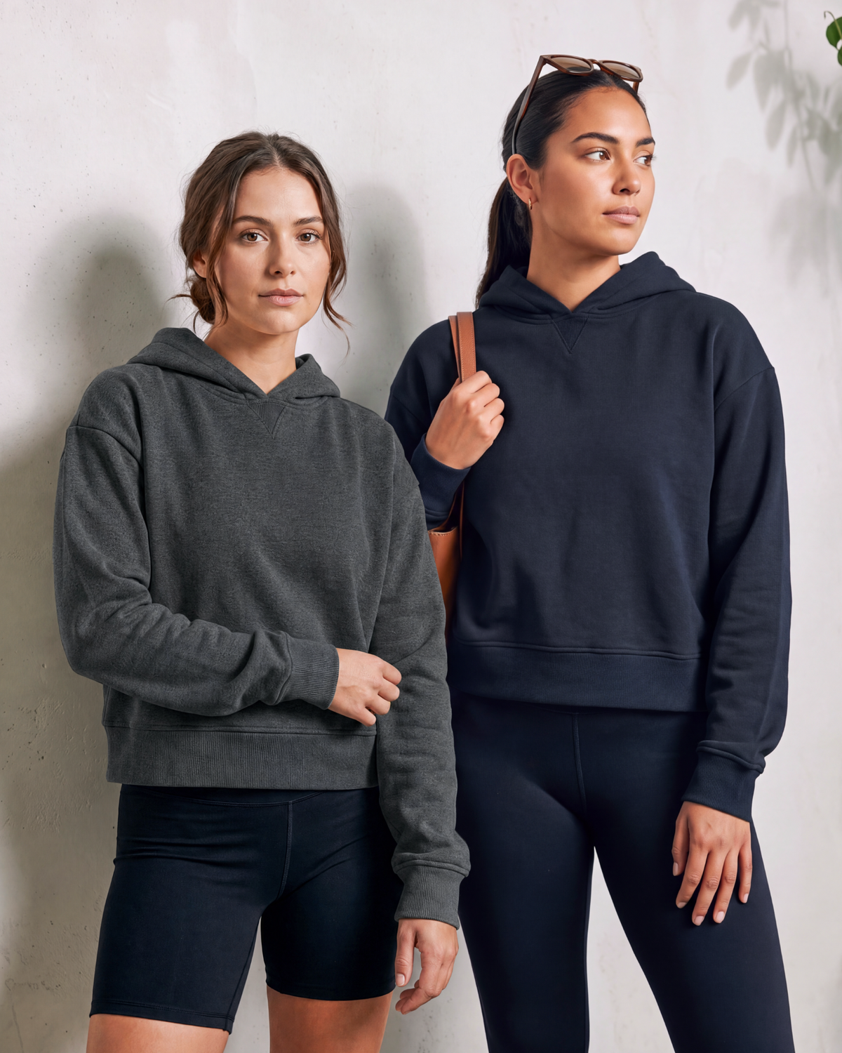Real Essentials 2 Pack Women's Cropped Hoodies Crop Sweatshirt Ladies Fleece Pullover Top - Solid Navy Blazer, Charcoal Heather
