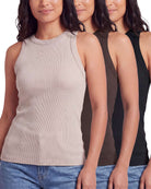 Real Essentials 3 Pack Women's Cotton Ribbed Tank Tops Sleeveless Crew Neck Basic Layering - Solid Black, Solid Chocolate Torte, Solid Moonbeam