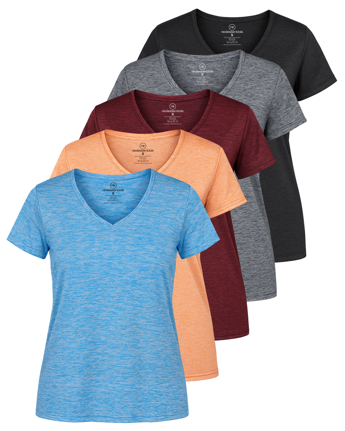 Real Essentials 5 Pack Womens Dry Fit V Neck Workout Tops Athletic T Shirts Gym Yoga Tees - Set 2