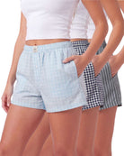 Real Essentials 3 Pack Women's Cotton Pajama Shorts Boxer Lounge Sleepwear PJs with Pockets - Quiet Shade Stripe, Vintage Indigo Plaid, Ballad Blue Check