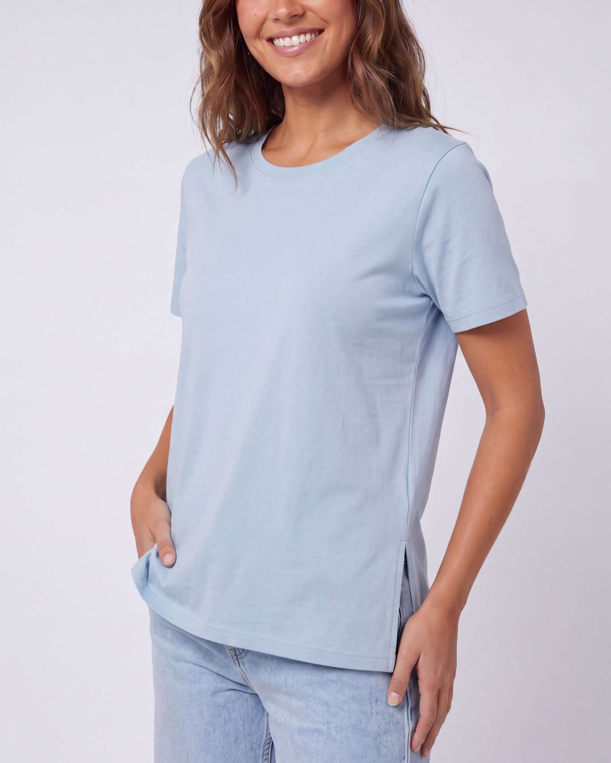 Real Essentials 3 Pack Women's Cotton Tshirts Split Hem Short Sleeve Crew Neck Tees Tops - Solid Black, Solid Ballad Blue, Solid Pale Lilac