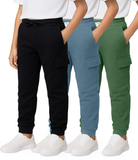 Real Essentials 3 Pack Boys' Cotton Cargo Fleece Joggers Sweatpants Pockets Athletic Kids - Set 7