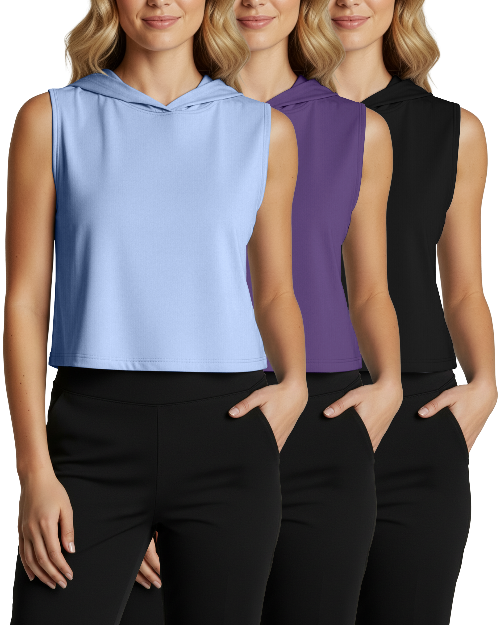 3 Pack: Women's Sleeveless Cropped Tank Top Hoodie