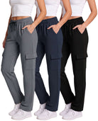 Real Essentials 3 Pack Women's Fleece Cargo Sweatpants Lounge Casual Sweat Pants Pockets - Solid Black, Solid Navy Blazer, Solid Quiet Shade