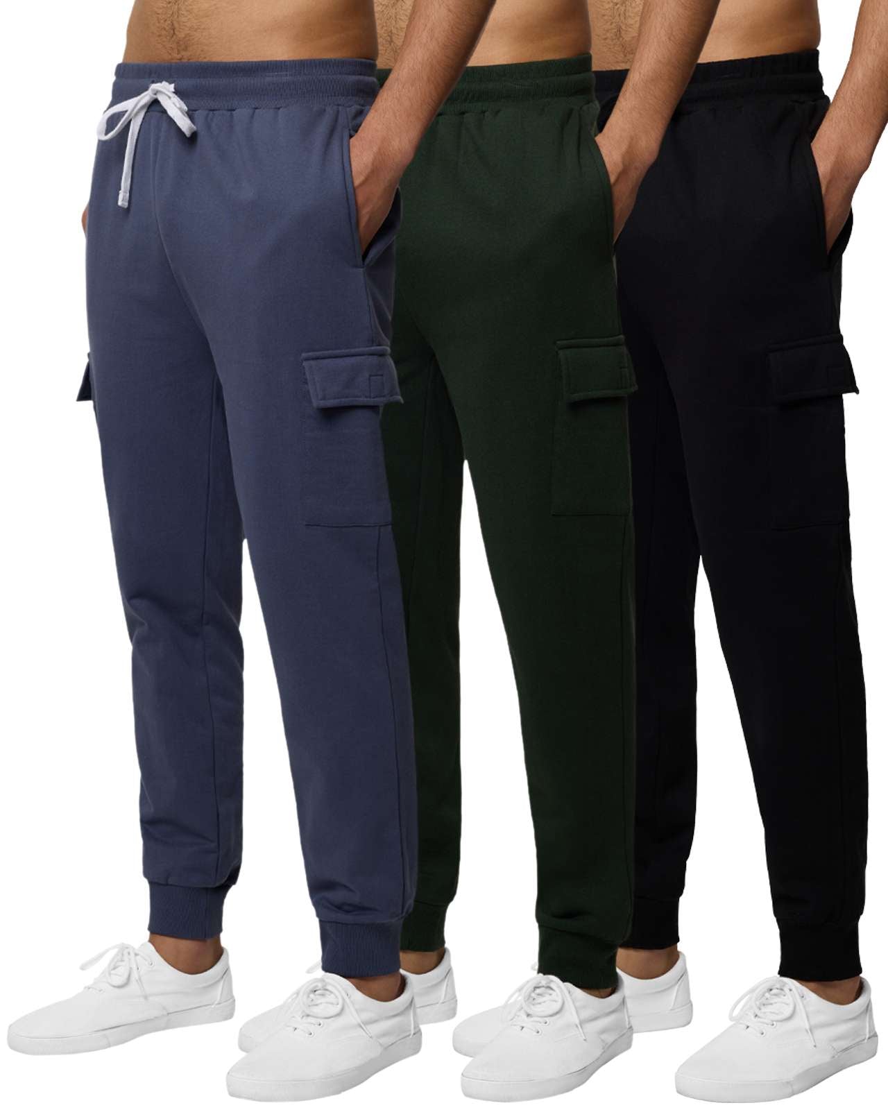 Real Essentials 3 Pack: Men's Cotton Fleece Cargo Jogger Sweatpants with Pockets