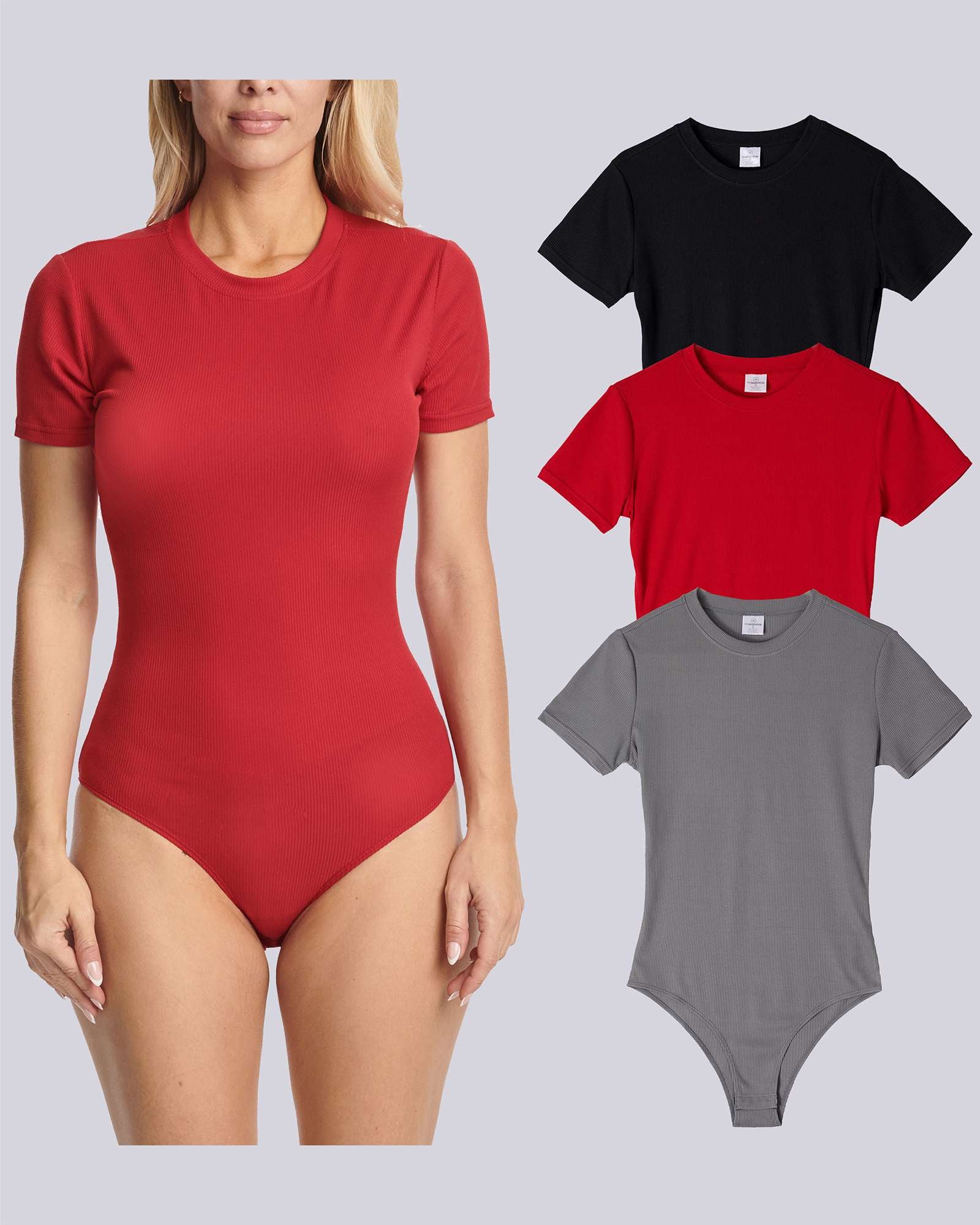3 Pack: Women's Round Neck Short Sleeve Ribbed Shapewear Bodysuit Shirt Tops (Available in Plus Size)