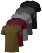 Real Essentials 5 Pack Men's Dry Fit Short Sleeve Crew T Shirts Gym Tees Athletic Workout - Solid Black, Charcoal, Solid Ultimate Grey, Burgundy, Solid Martini Olive