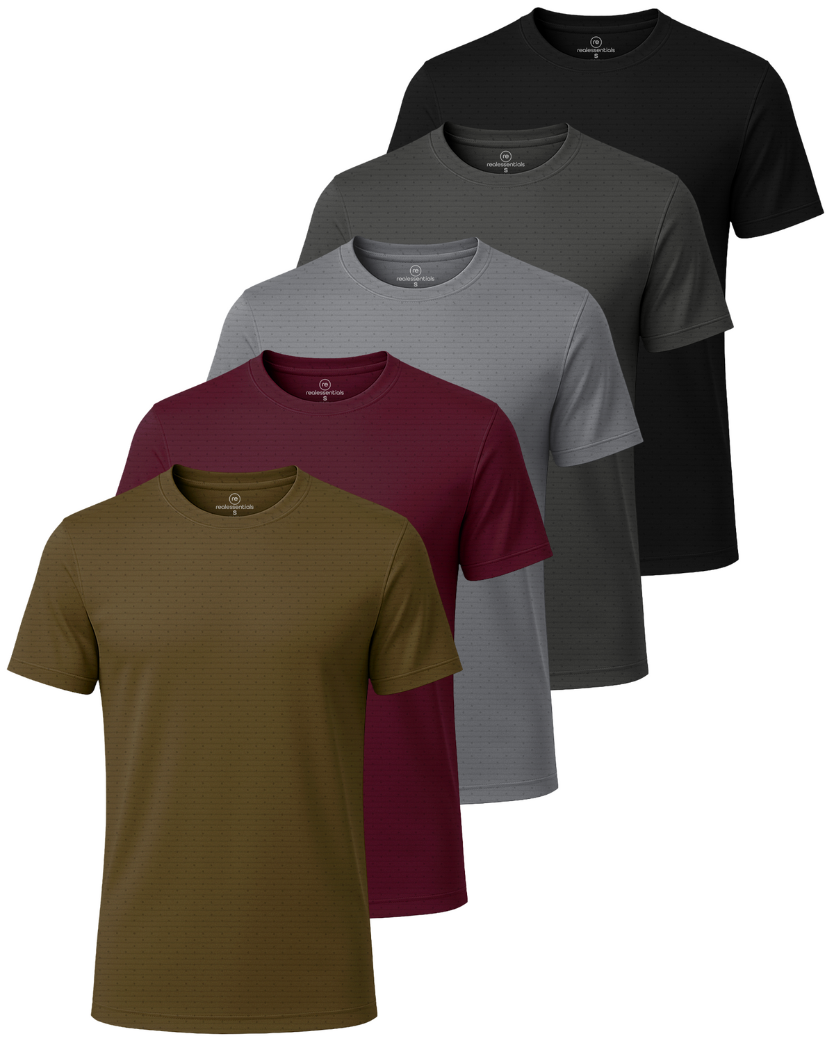 Real Essentials 5 Pack Men's Dry Fit Short Sleeve Crew T Shirts Gym Tees Athletic Workout - Solid Black, Charcoal, Solid Ultimate Grey, Burgundy, Solid Martini Olive