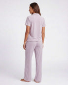 Real Essentials 2 Pack Women's Pajama Sets Lounge Set 2 Piece Button Up PJ Sleepwear Ladies - Soft Chambray Flowers, Orchid Petal Stripe