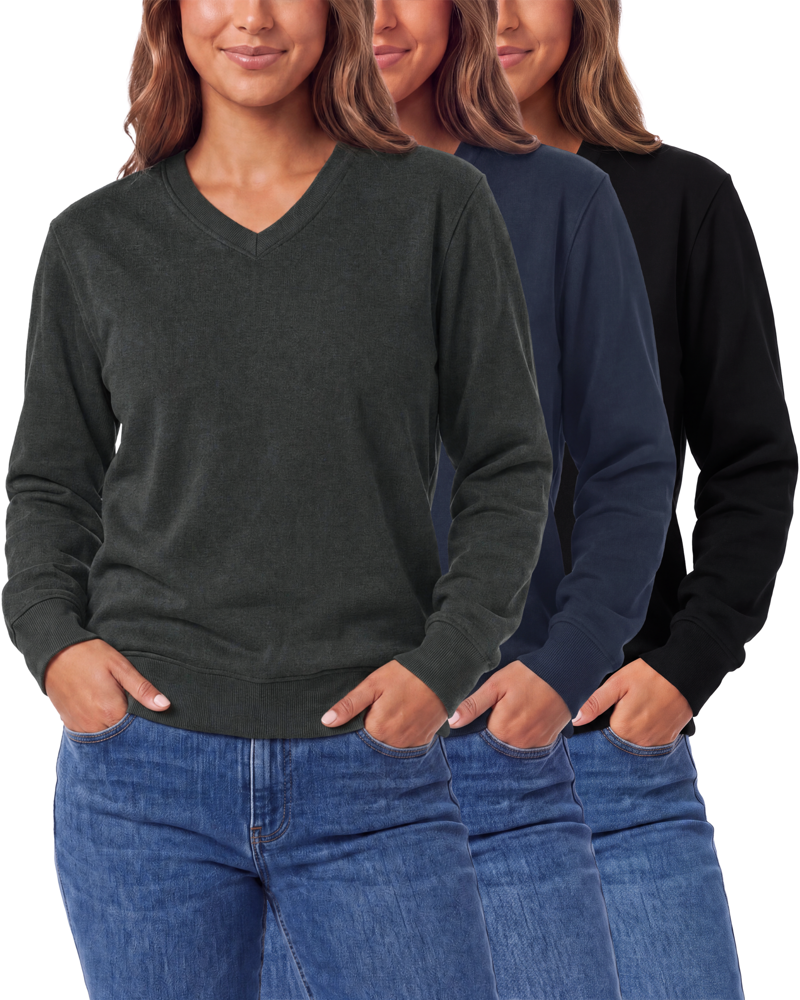 Real Essentials 3 Pack Womens Fleece V Neck Sweatshirt Pullover Sweaters Long Sleeve Top - Solid Black, Solid Navy Blazer, Charcoal Heather