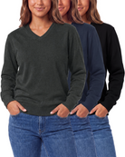 Real Essentials 3 Pack Womens Fleece V Neck Sweatshirt Pullover Sweaters Long Sleeve Top - Solid Black, Solid Navy Blazer, Charcoal Heather