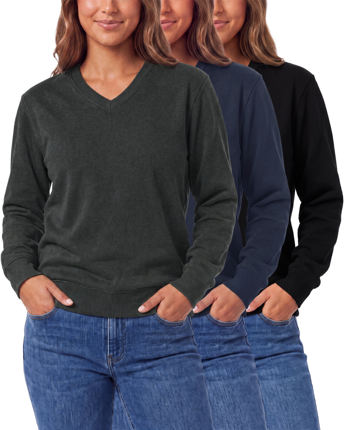 Real Essentials 3 Pack Womens Fleece V Neck Sweatshirt Pullover Sweaters Long Sleeve Top - Solid Black, Solid Navy Blazer, Charcoal Heather