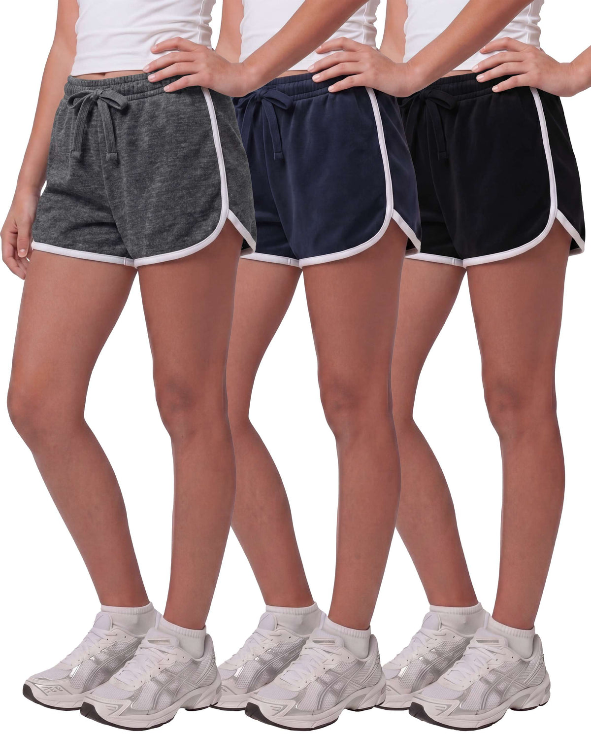 Real Essentials 3 Pack Girls' Fleece Dolphin Shorts Athletic Soccer Kids Teens Sports Youth - Solid Black, Solid Navy Blazer, Charcoal Heather