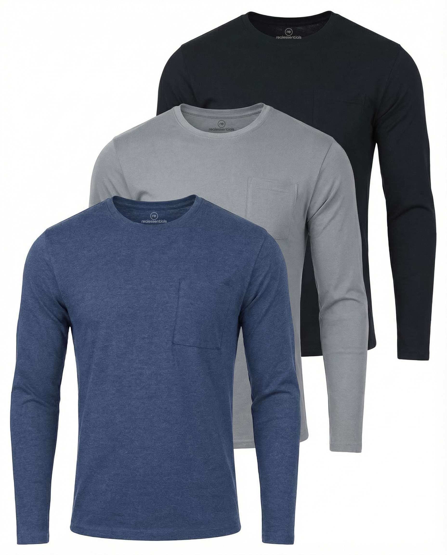 3 Pack: Mens Cotton Long Sleeve Crew Neck Pocket T-Shirt