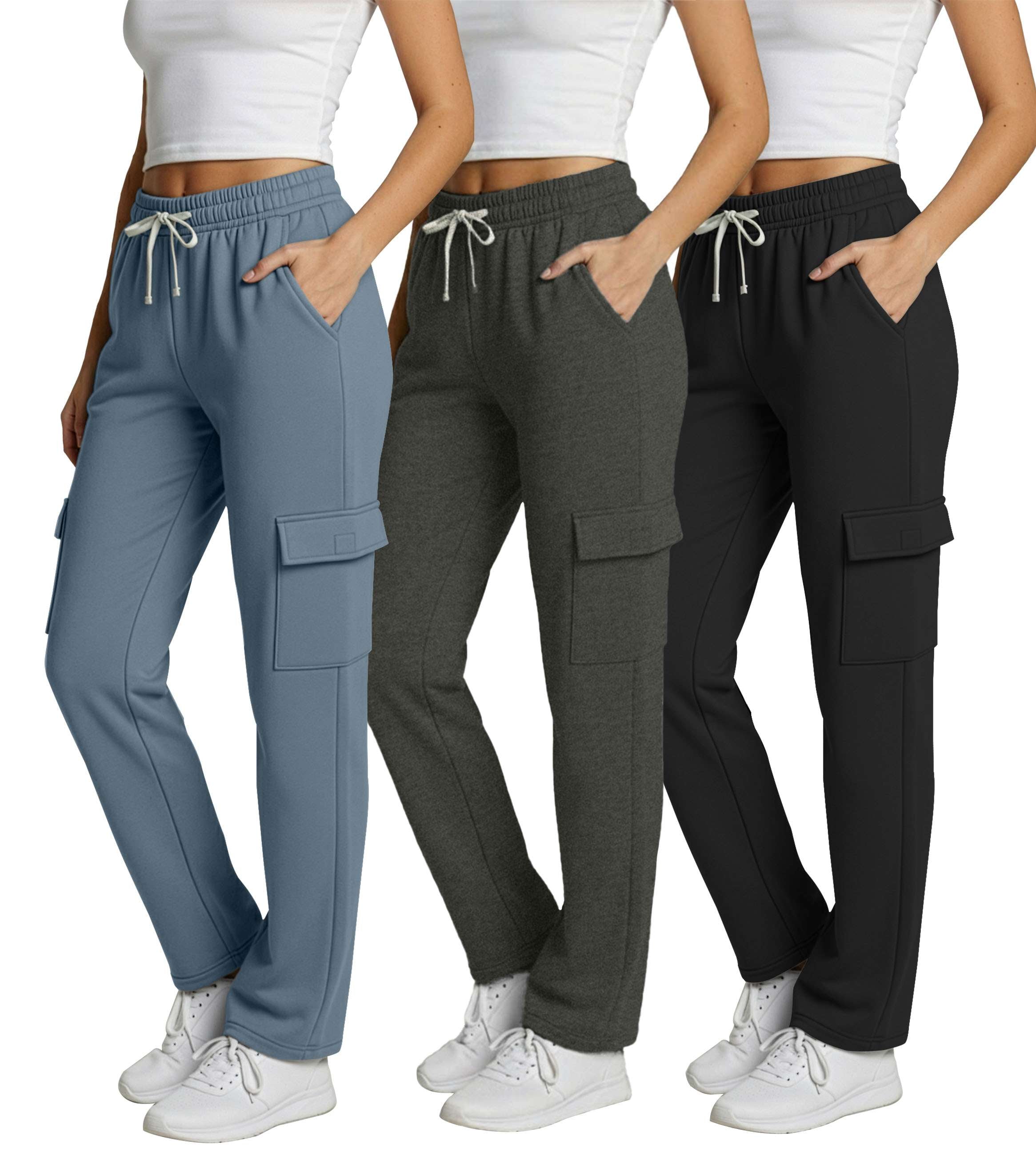 Real Essentials 3 Pack: Women's Fleece Cargo Sweatpants, Open Bottom Lounge & Athletic Casual Pants with Pockets