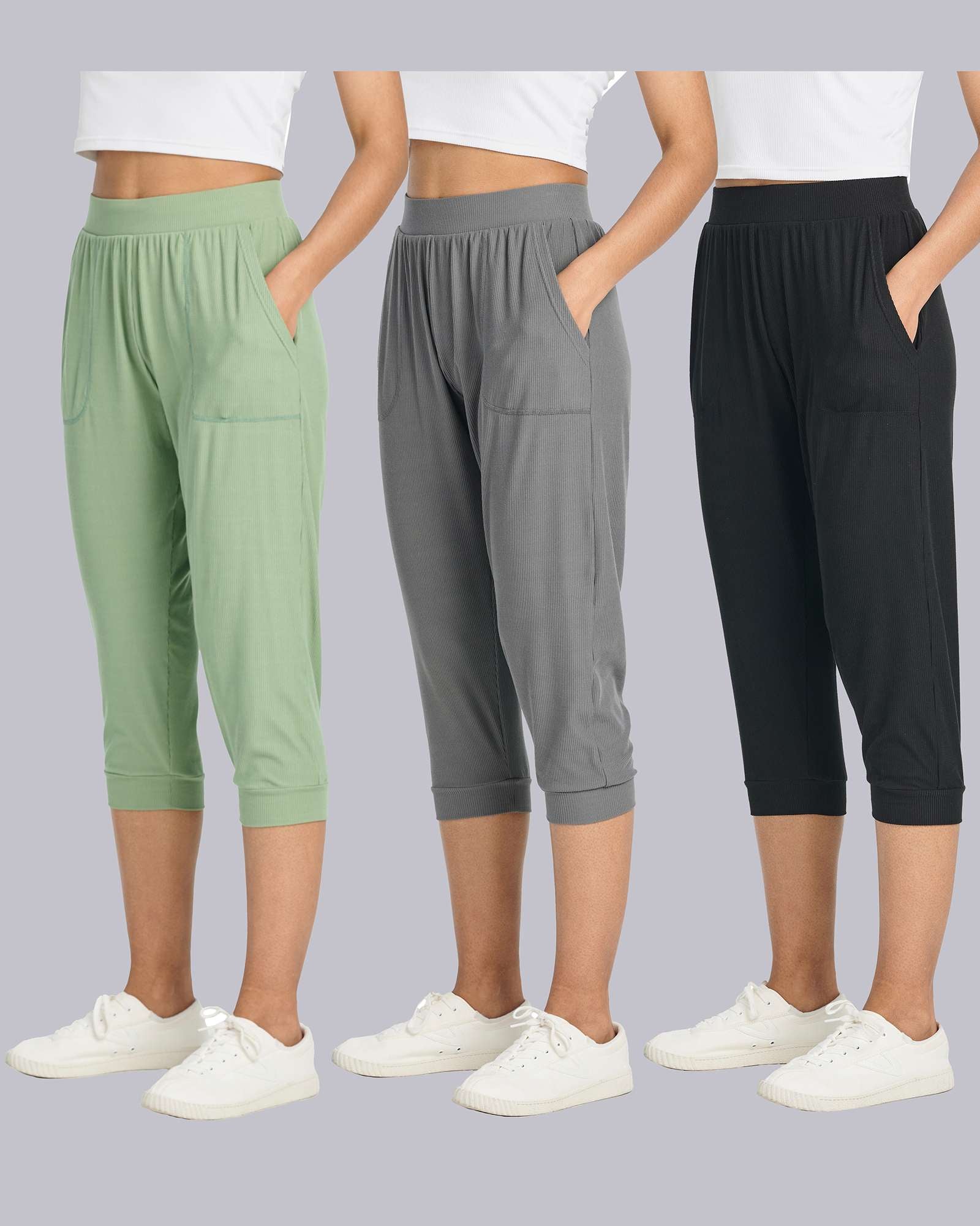 3 Pack: Women's Ribbed Capri Jogger Lounge Sweatpants