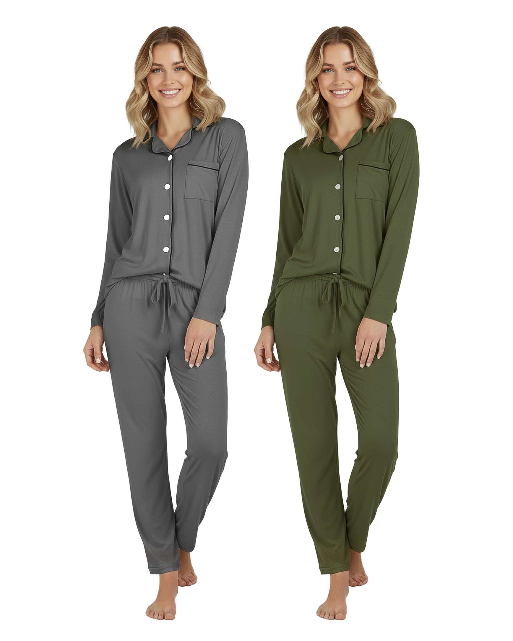 4 Piece: Women’s Long Sleeve Button Down Pajama Set