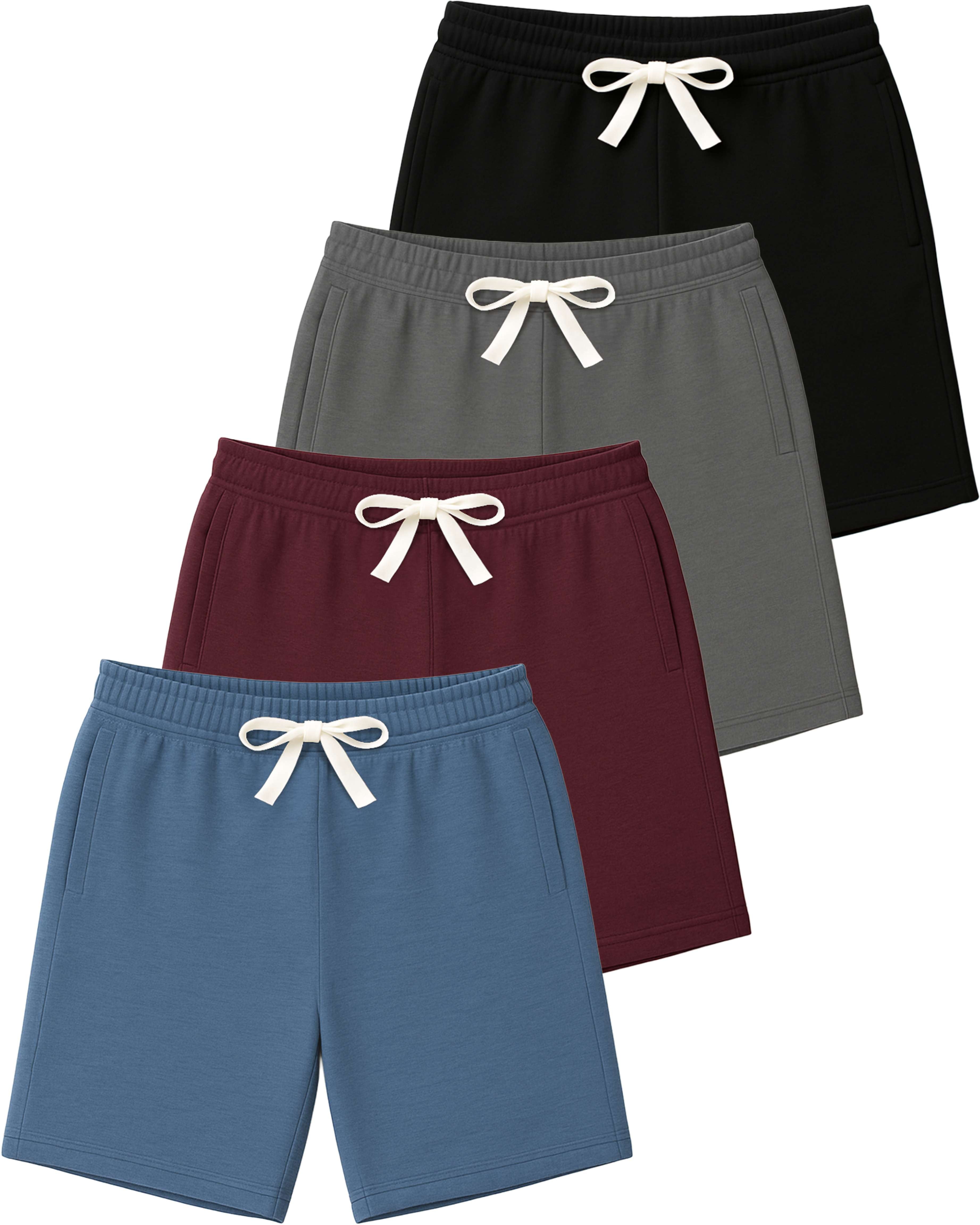 Real Essentials 4 Pack: Boys' Cotton French Terry Shorts with Pockets for Kids Teens Youth - Sleep Casual Lounge (4-18)