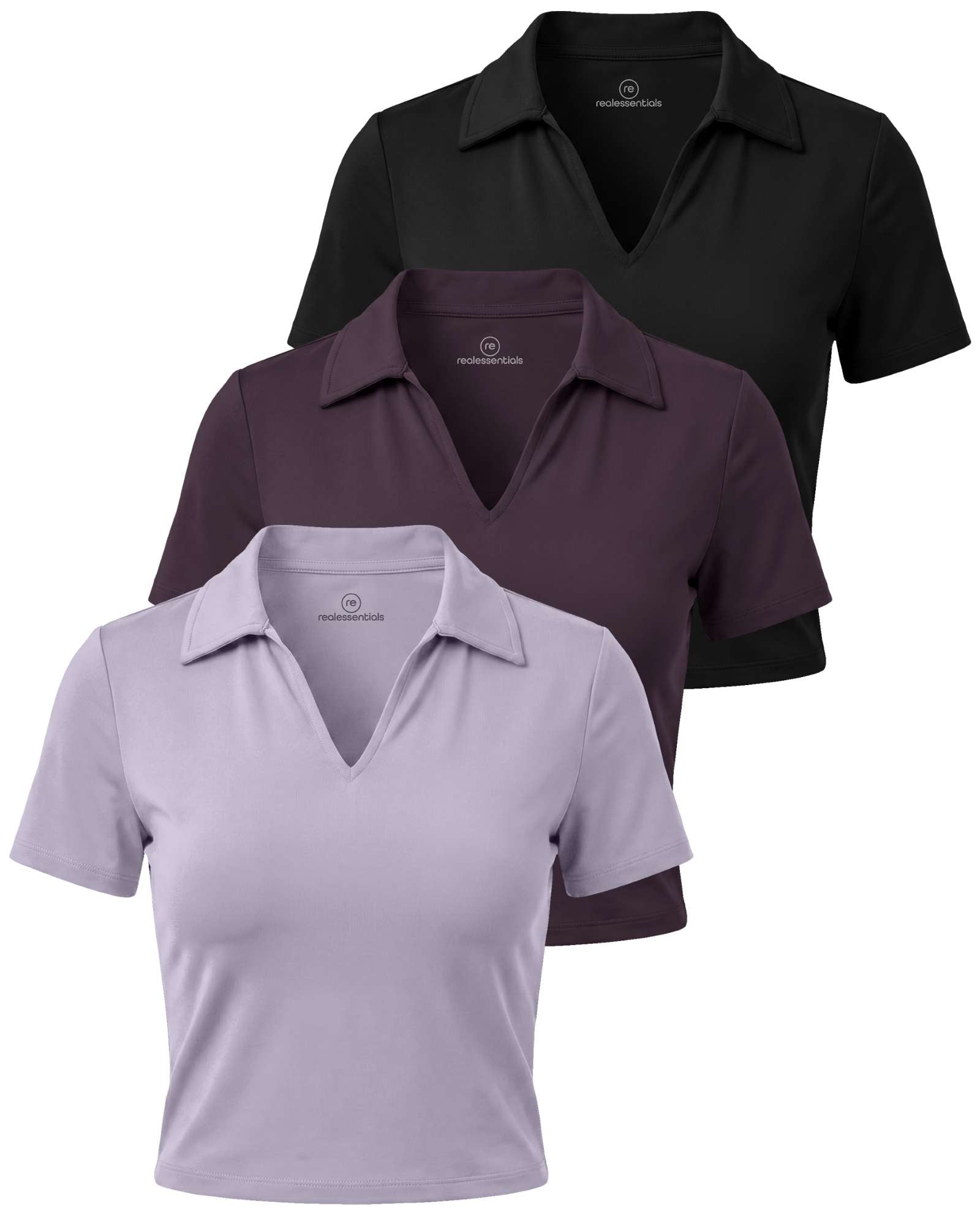 Real Essentials 3 Pack: Women's V Neck Crop Polo Shirts - Short Sleeve Sweater Dry Fit Golf Athletic Workout Collared Tops