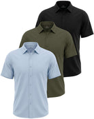 Real Essentials 3 Pack Men's Cotton Short Sleeve Button Down Casual Work Shirt Button Up - Solid Black, Solid Olive Night, Solid Ballad Blue