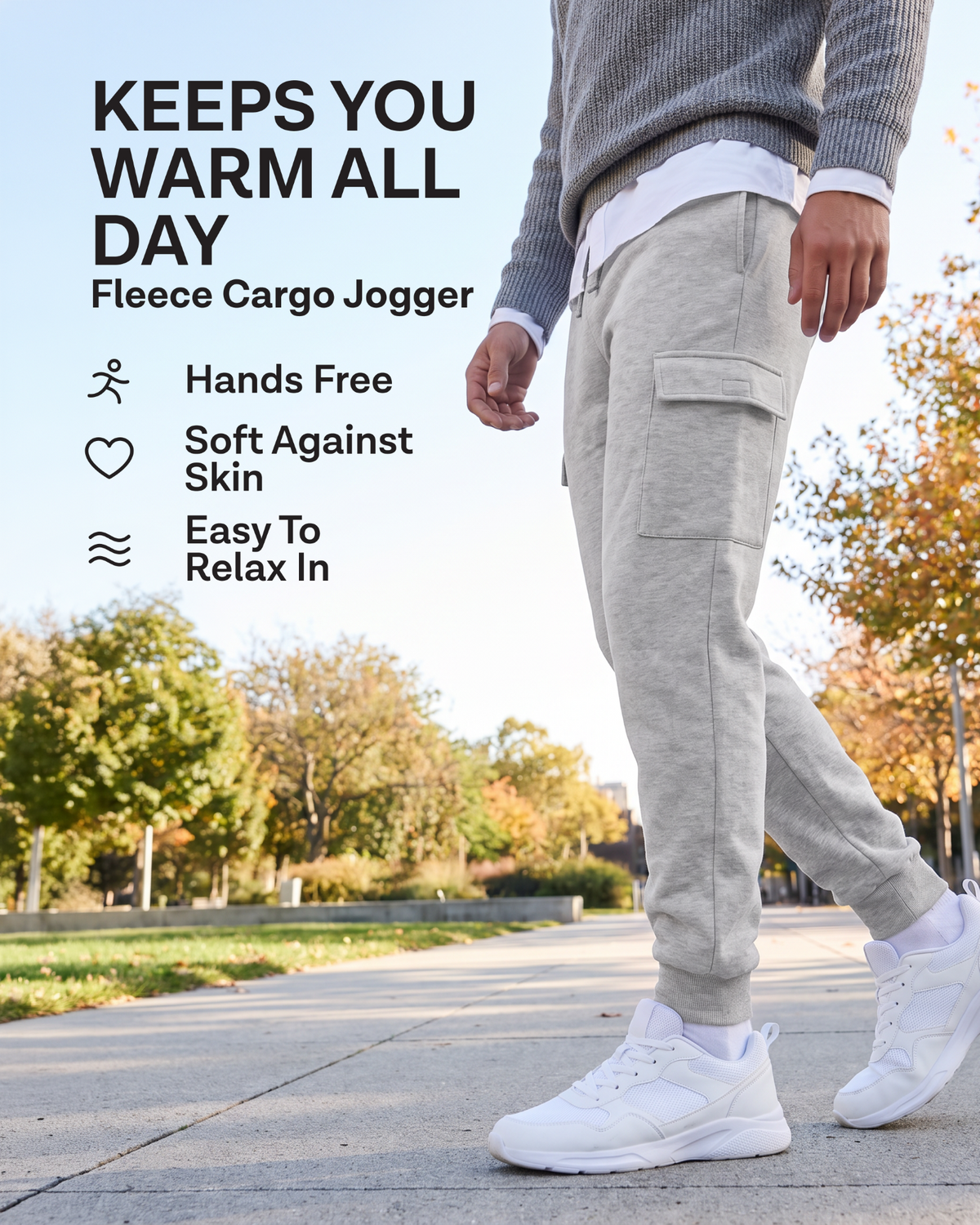 Real Essentials 3 Pack Mens Fleece Cargo Joggers Sweatpants Cuffed Athletic Gym Pockets - Solid Black, Solid Stormy Weather, Grey Heather