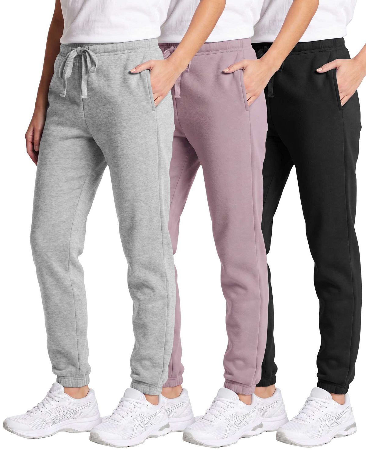 Real Essentials 3 Pack Girls' Cotton Fleece Joggers Sweatpants Kids Teens Pants Sweats - Solid Black, Solid Keepsake Lilac, Grey Heather