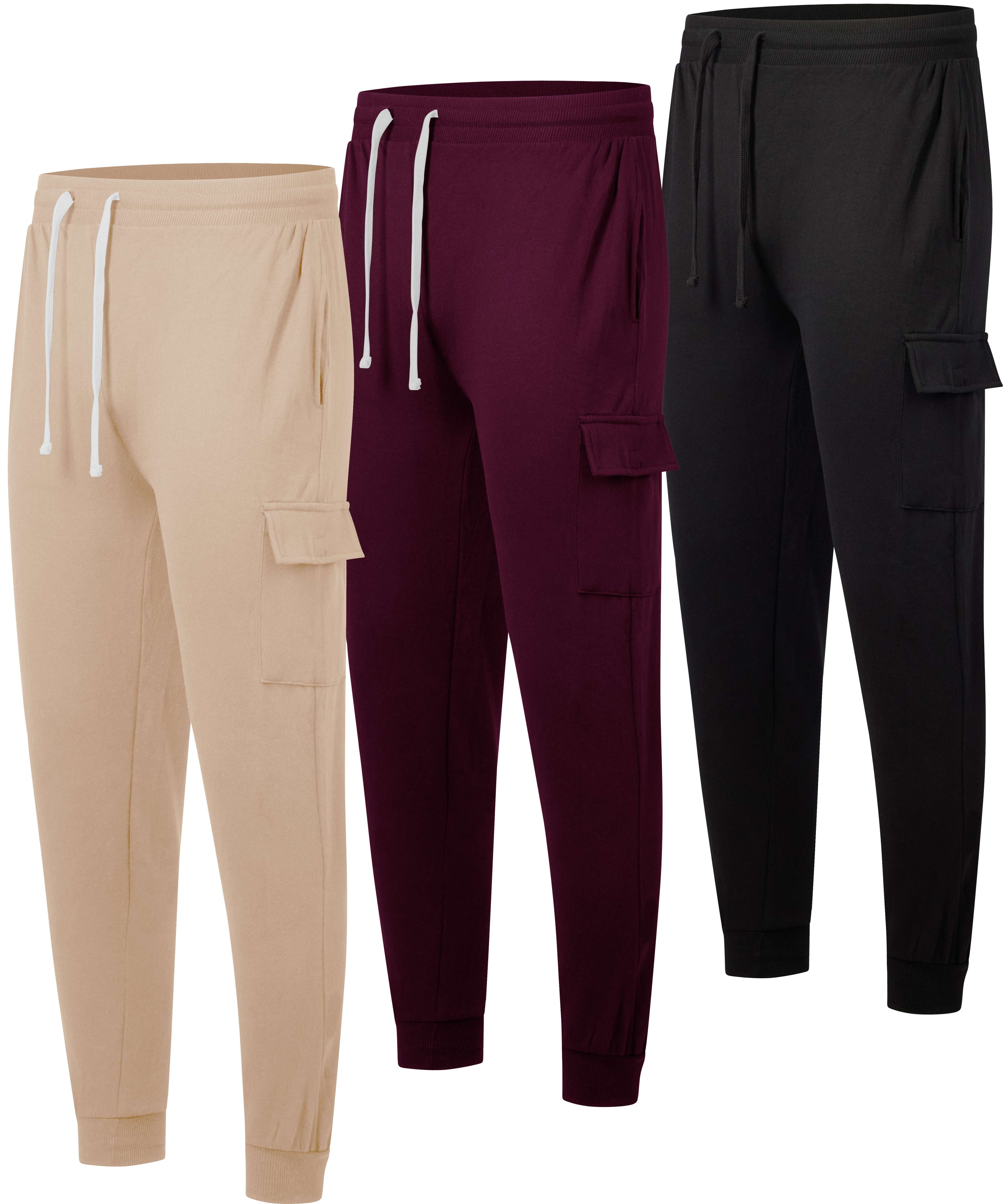 Real Essentials 3 Pack: Men's Cotton Fleece Cargo Jogger Sweatpants with Pockets