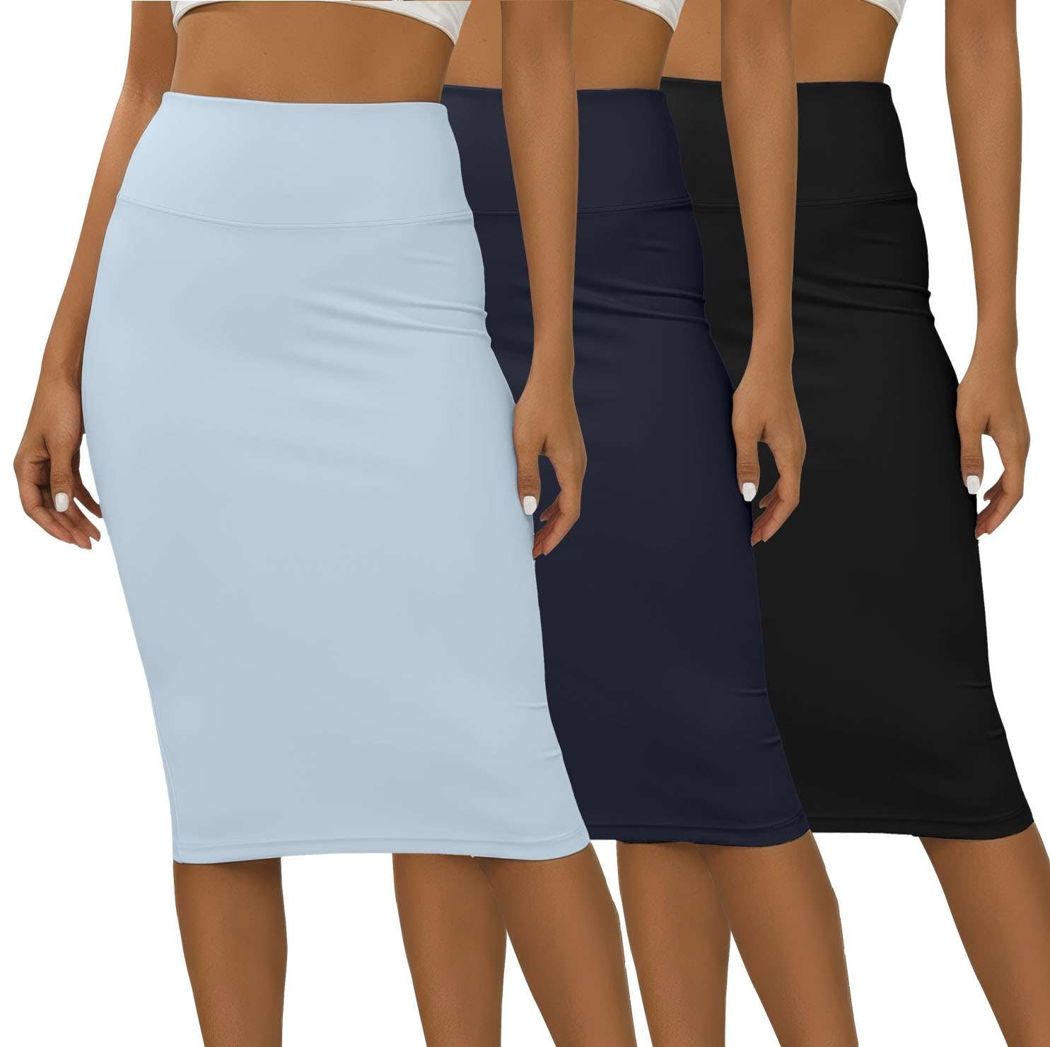 Real Essentials 3 Pack: Womens Soft Midi Skirt – High Waisted Pencil Work Office Business Casual Skirts with Back Slit Plus