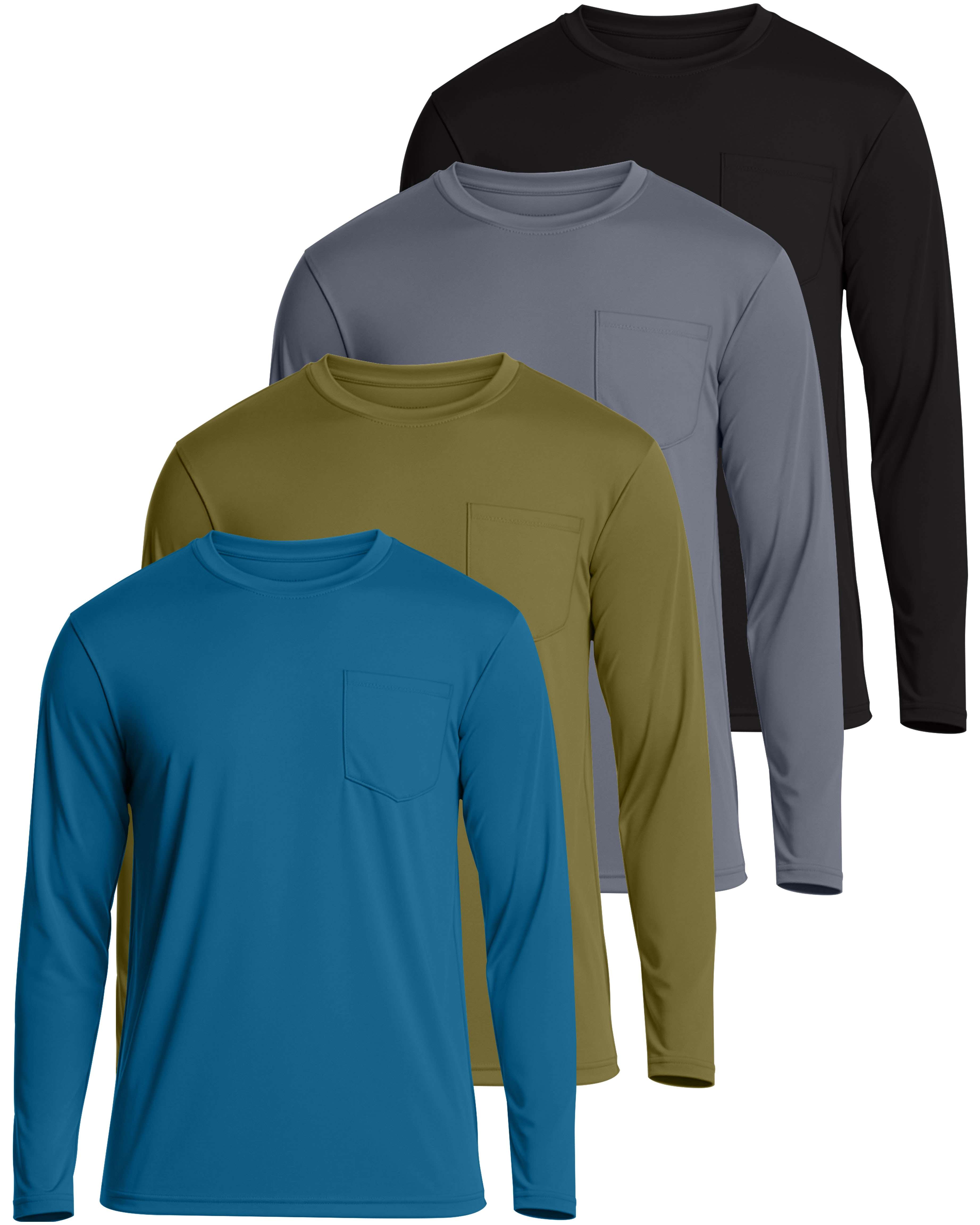 4 Pack: Mens Dry-Fit Long Sleeve Pocket Crew T-Shirt