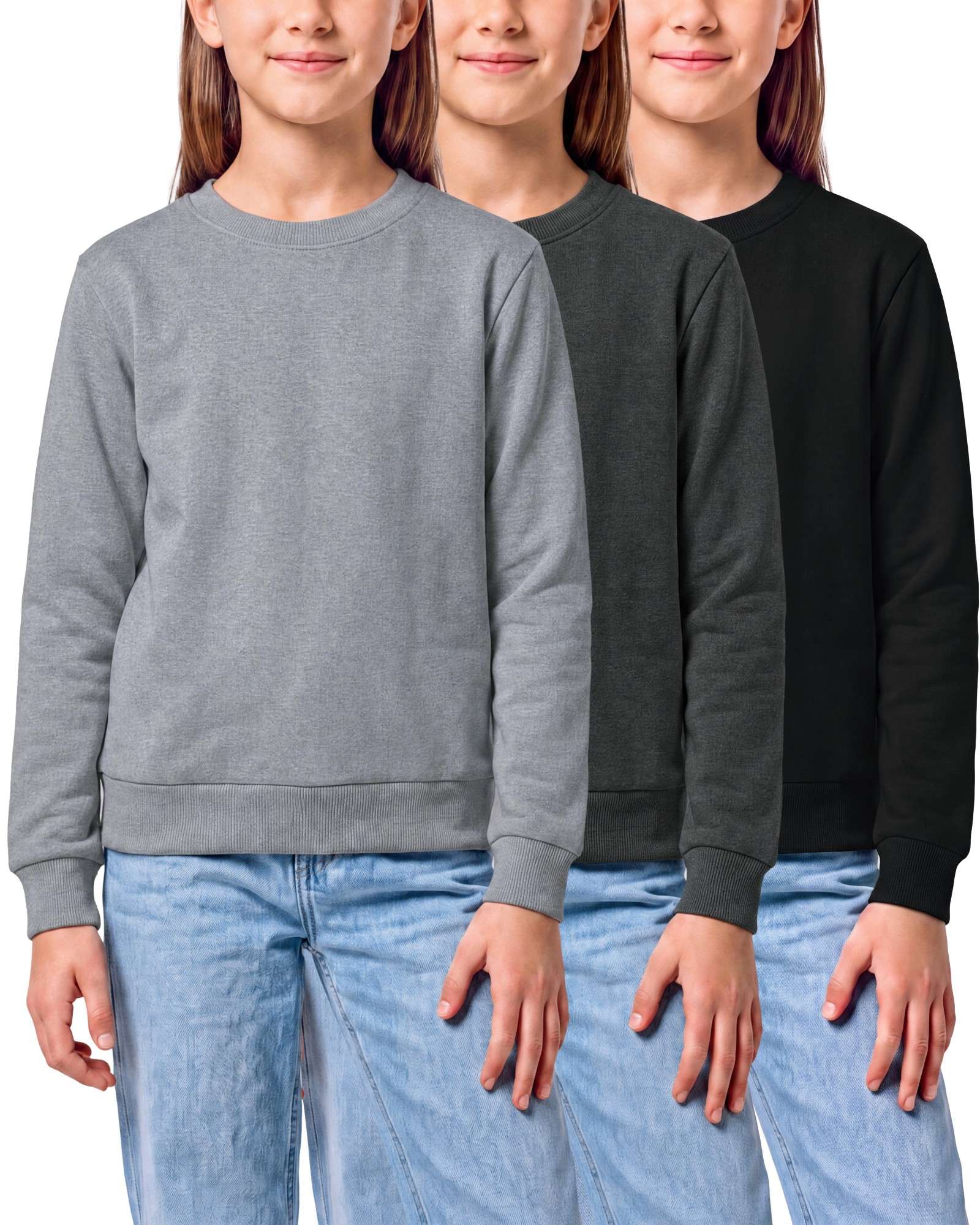 Real Essential 3 Pack Girls' Fleece Crewneck Sweatshirts Sweaters Kids Teens Pullover Tops - Solid Black, Charcoal Heather, Grey Heather