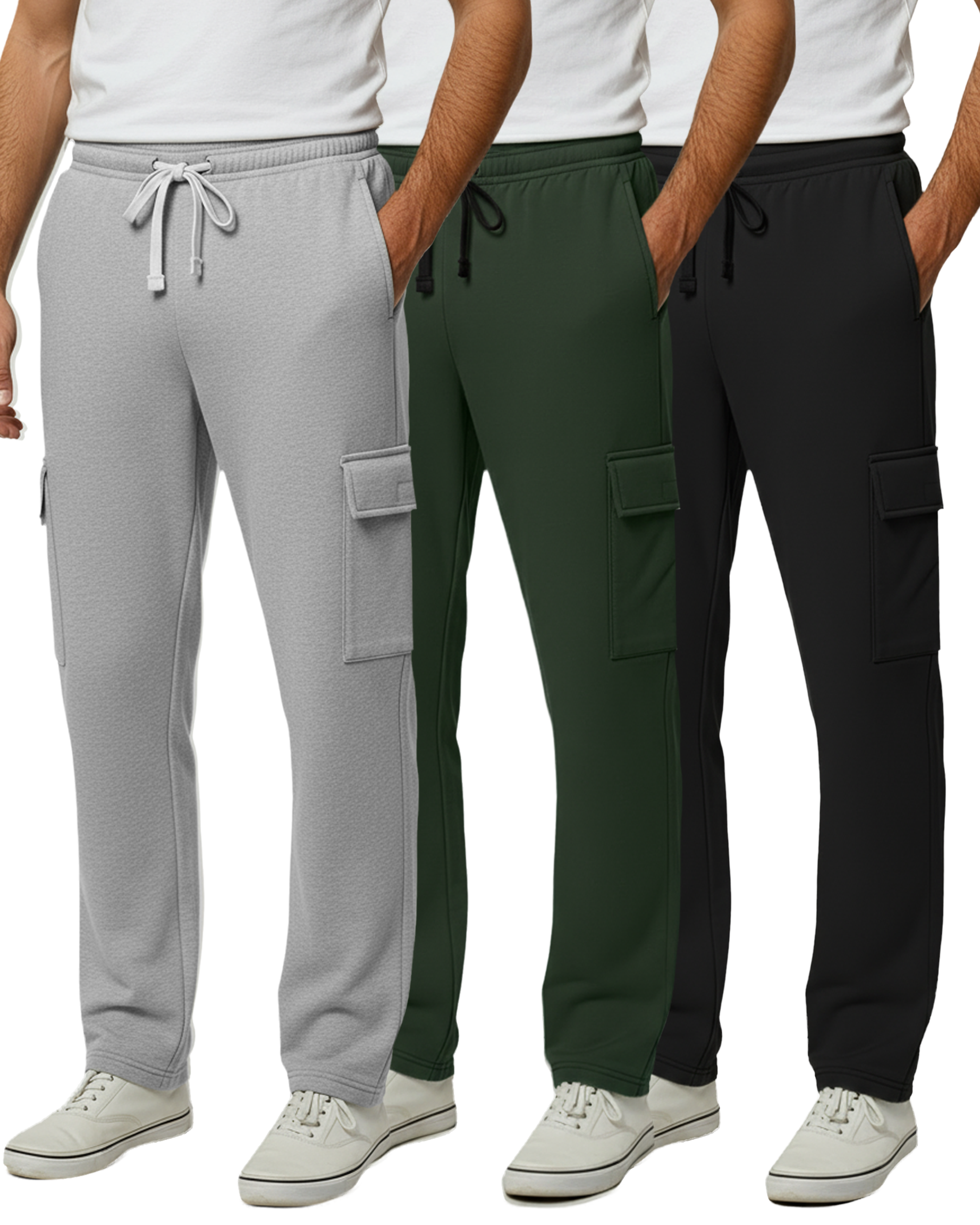 3 Pack: Mens Fleece Cargo Open Bottom Sweatpants