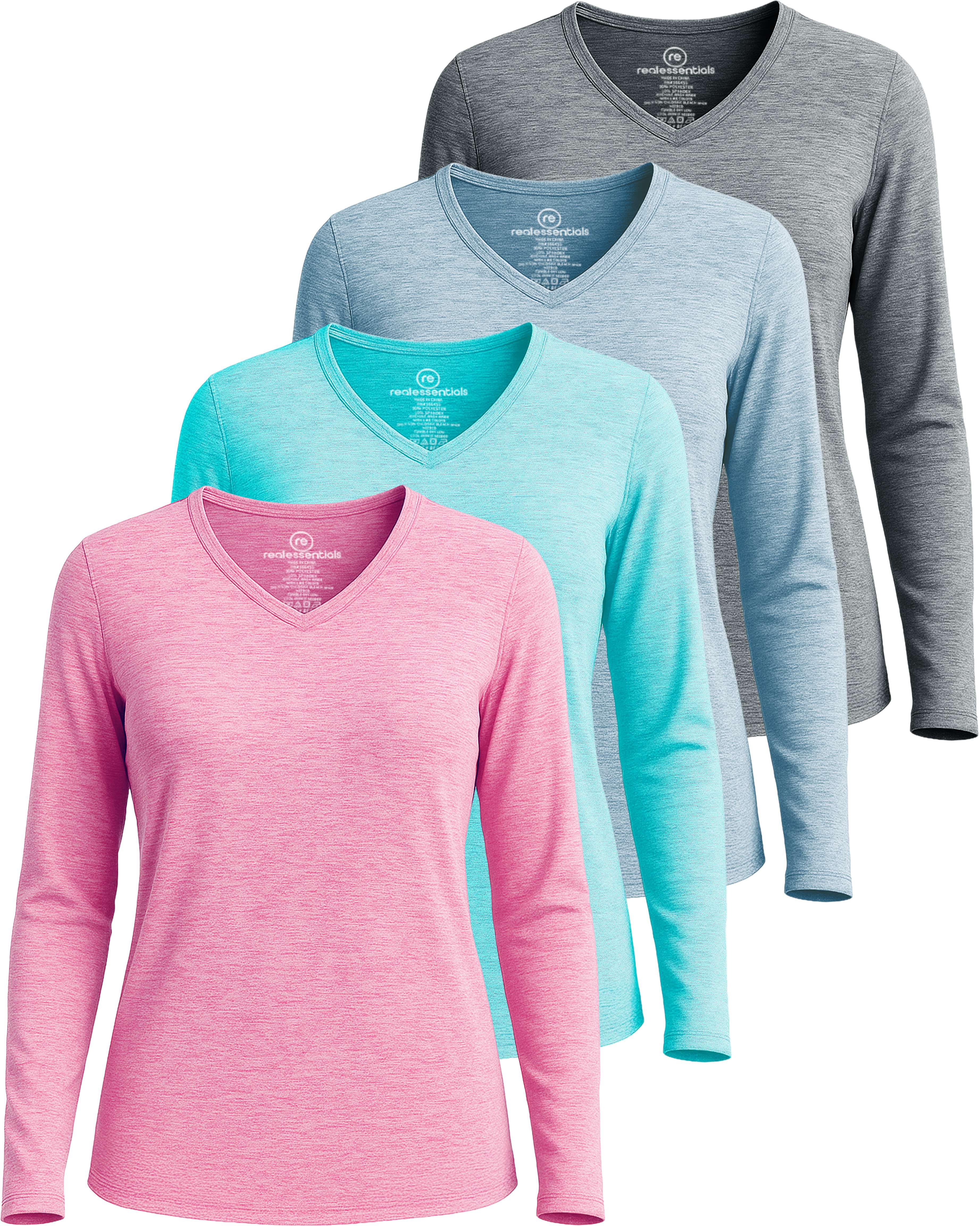 4 Pack: Women's Dry-Fit Long-Sleeve V-Neck Athletic Workout Shirt (Available in Plus Size)