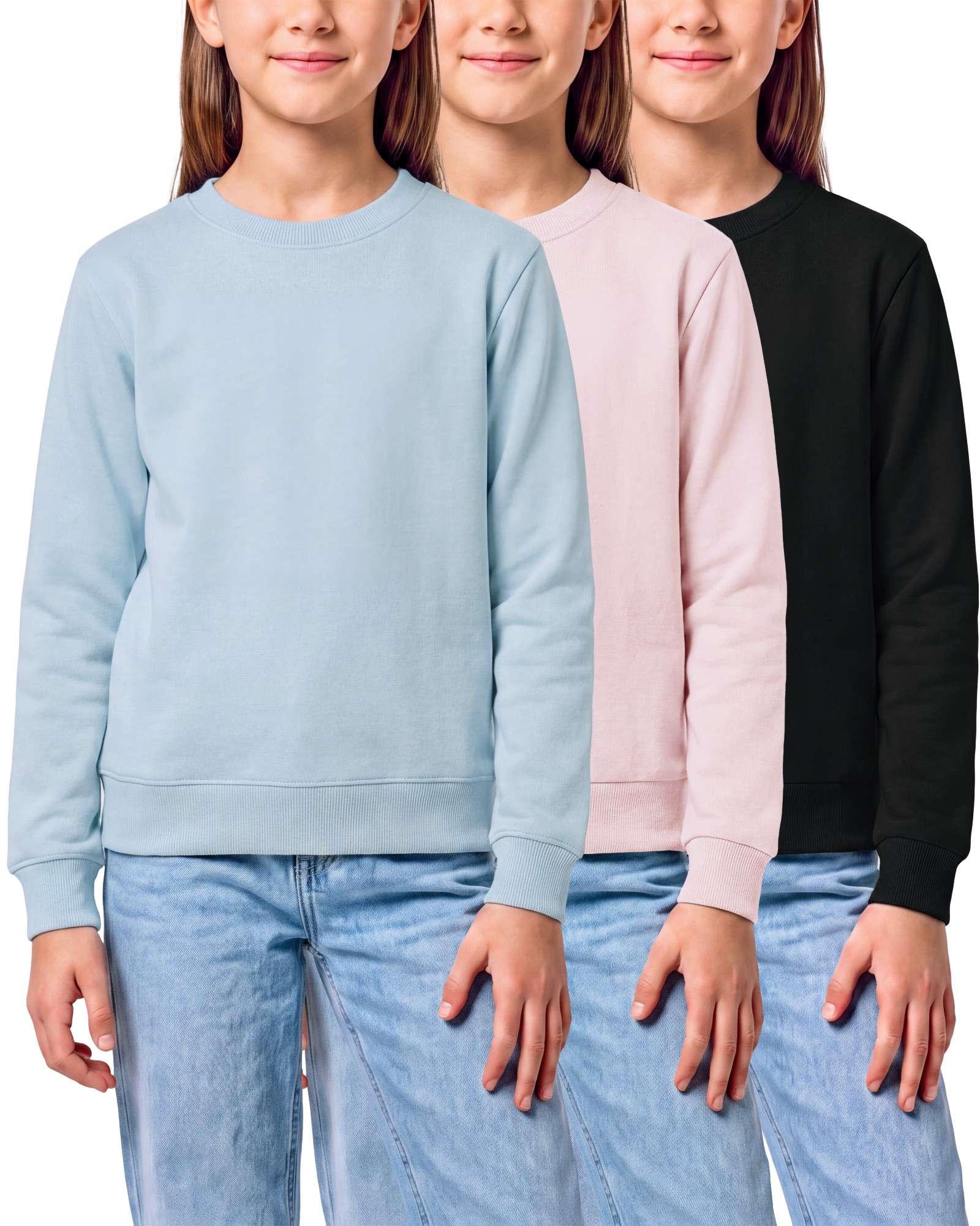 Real Essential 3 Pack Girls' Fleece Crewneck Sweatshirts Sweaters Kids Teens Pullover Tops - Solid Black, Solid Pale Lilac, Solid Ballad Blue