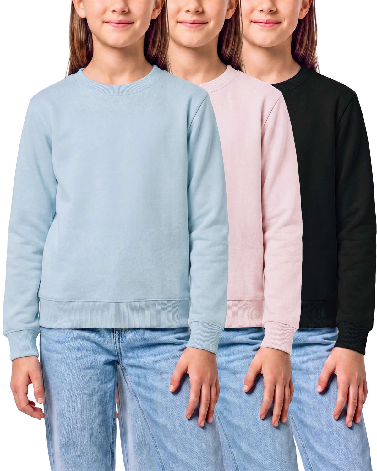 Real Essential 3 Pack Girls' Fleece Crewneck Sweatshirts Sweaters Kids Teens Pullover Tops - Solid Black, Solid Pale Lilac, Solid Ballad Blue