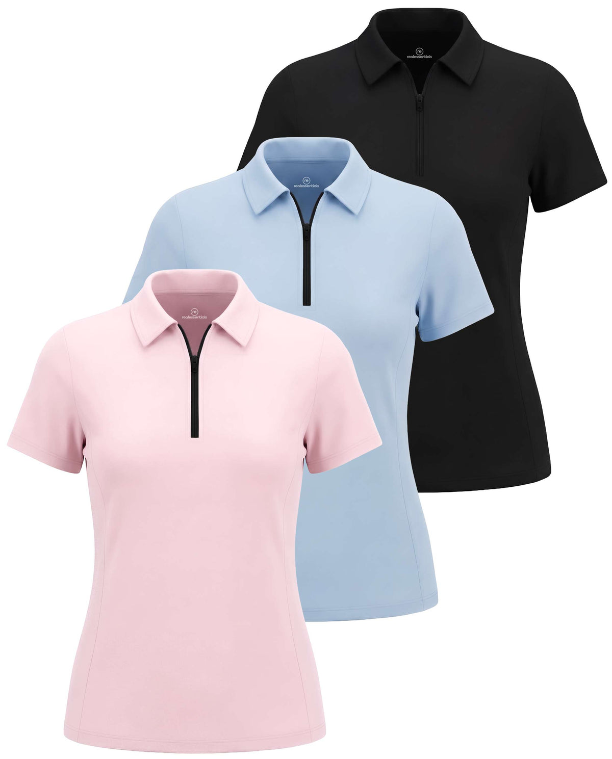 Real Essentials 3 Pack Women's Dry Fit Golf Polo Shirts with Zipper Short Sleeve Collared - Solid Black, Solid Ballad Blue, Solid Pale Lilac