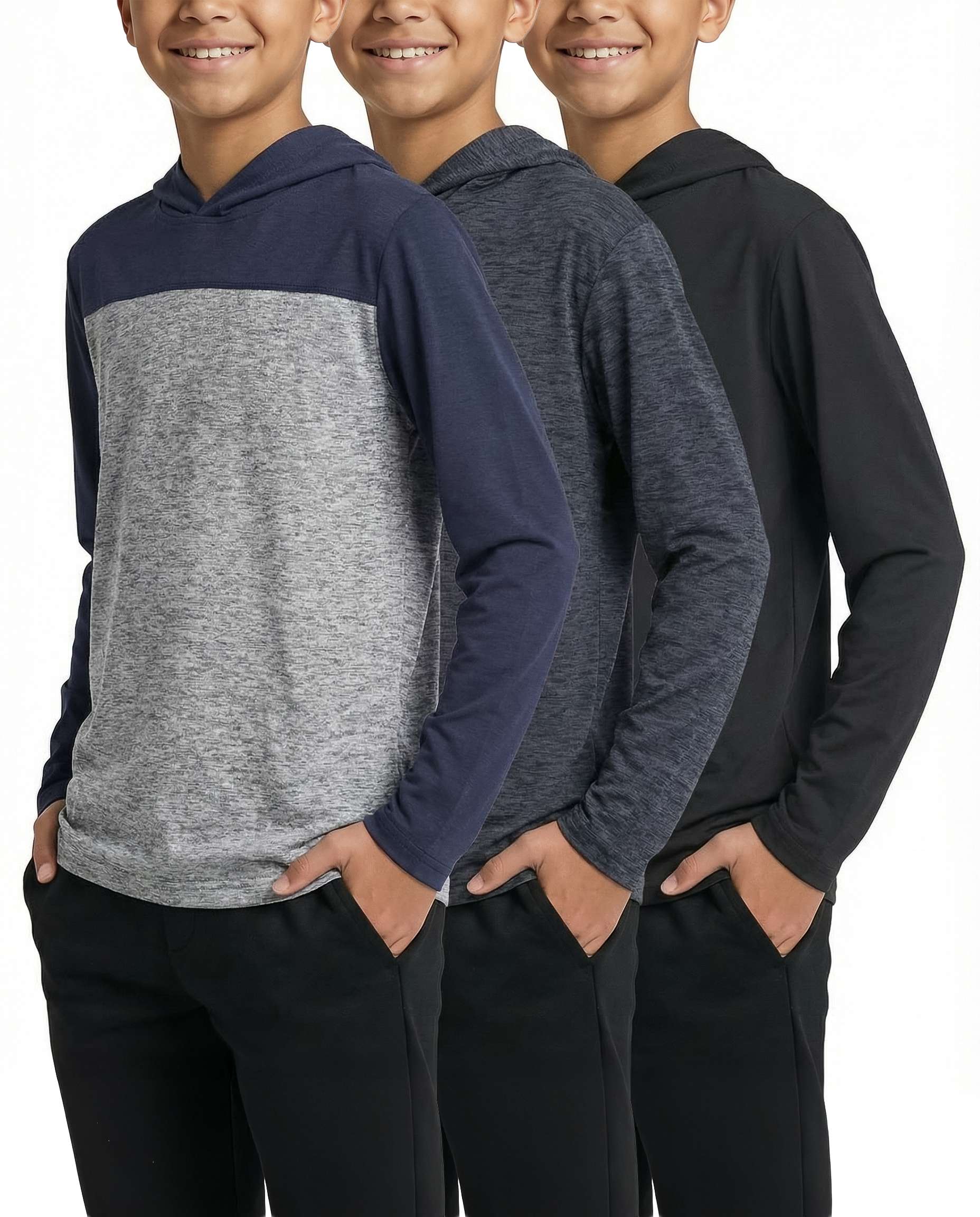 3 Pack: Boys Dry Fit Long Sleeve Active Pullover Hoodie Sweatshirt