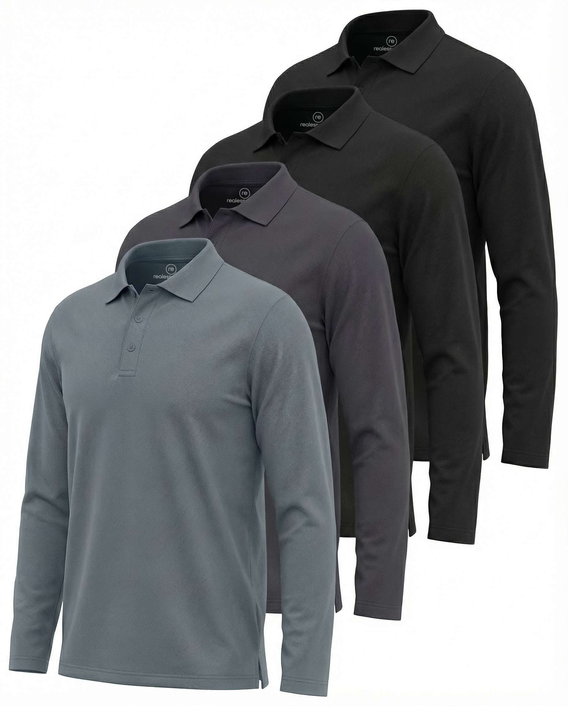 Real Essentials 4 Pack: Men's Long Sleeve Polo Shirts for Men - Cotton Pique Collared Athletic Golf Shirt Work & Casual