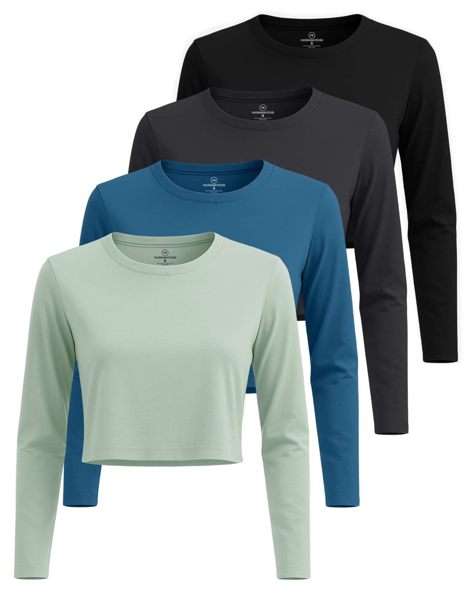 4 Pack: Women's Long Sleeve Crew Crop Top ( Available in Plus Size)