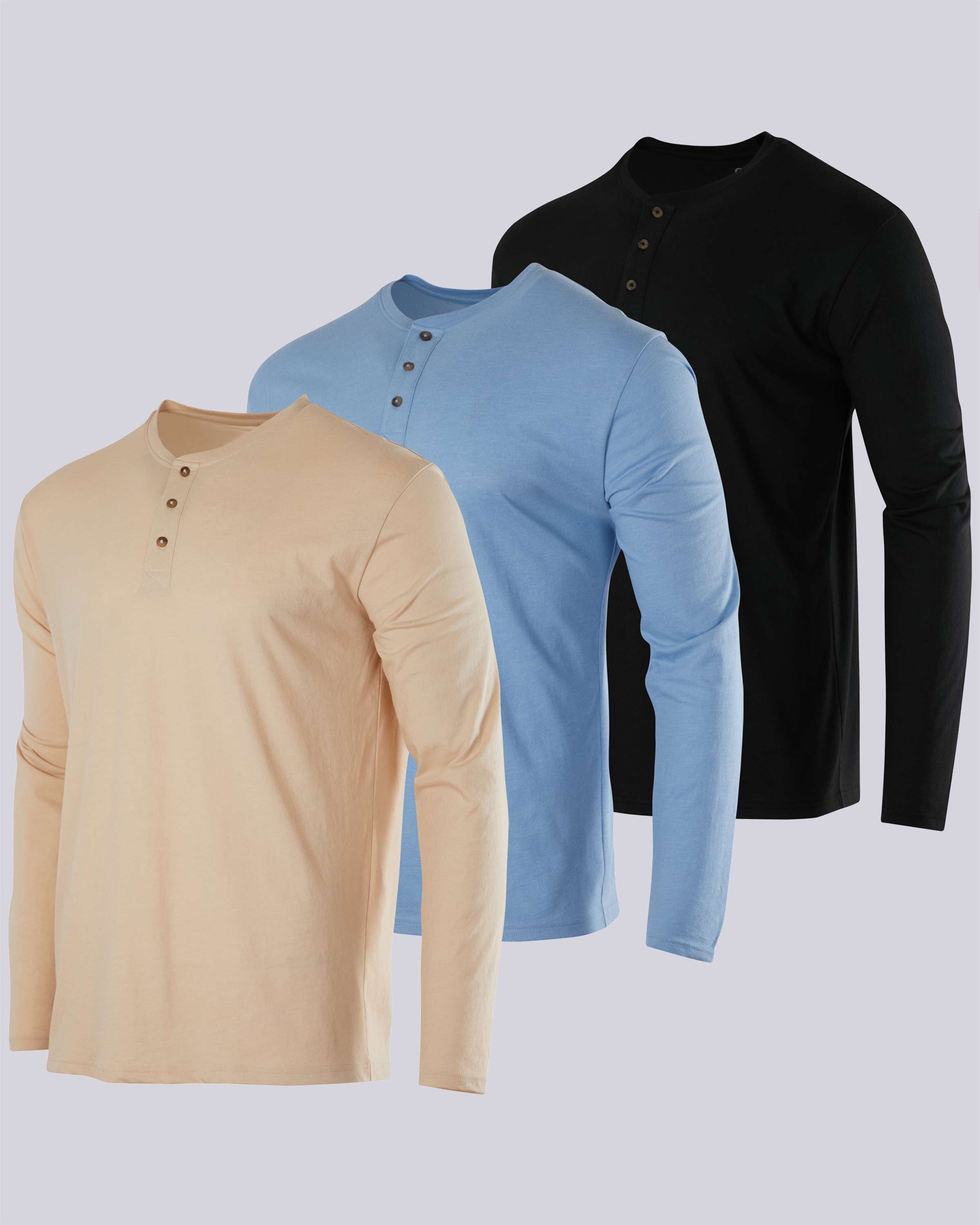 3 Pack: Mens Long Sleeve Cotton Henley T-Shirt
