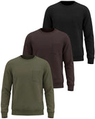 Real Essentials 3 Pack Mens Fleece Pocket Sweatshirt Pullover Long Sleeve Shirts Sweater - Solid Black, Solid Chocolate Torte, Solid Olive Night