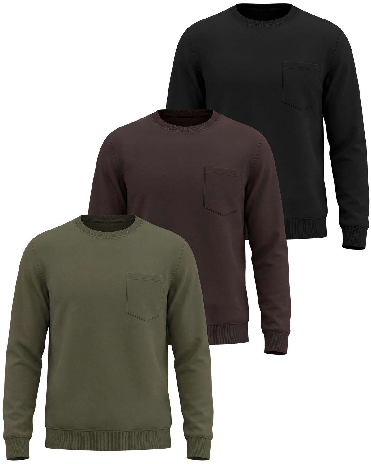 Real Essentials 3 Pack Mens Fleece Pocket Sweatshirt Pullover Long Sleeve Shirts Sweater - Solid Black, Solid Chocolate Torte, Solid Olive Night