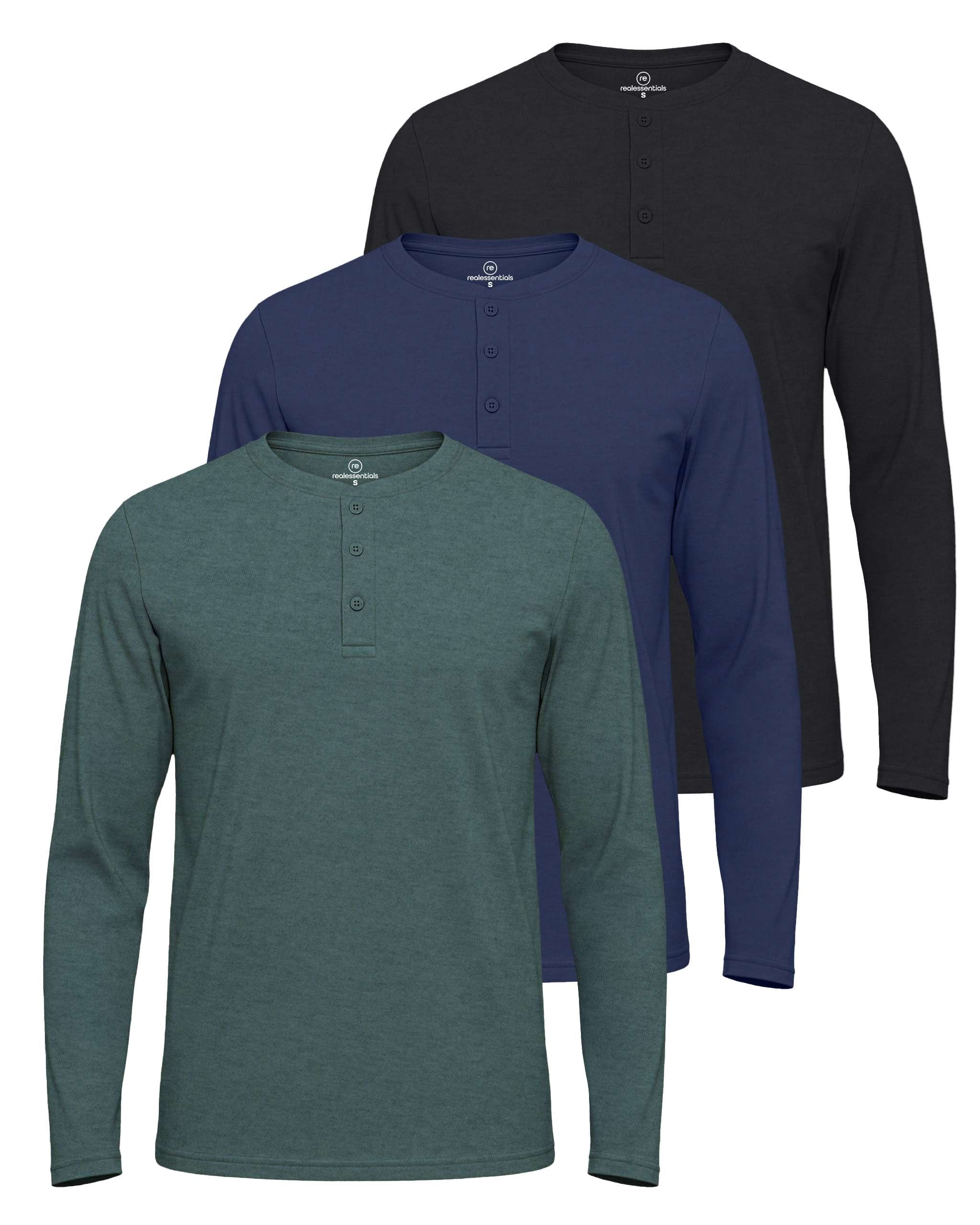 3 Pack: Mens Long Sleeve Cotton Henley T-Shirt