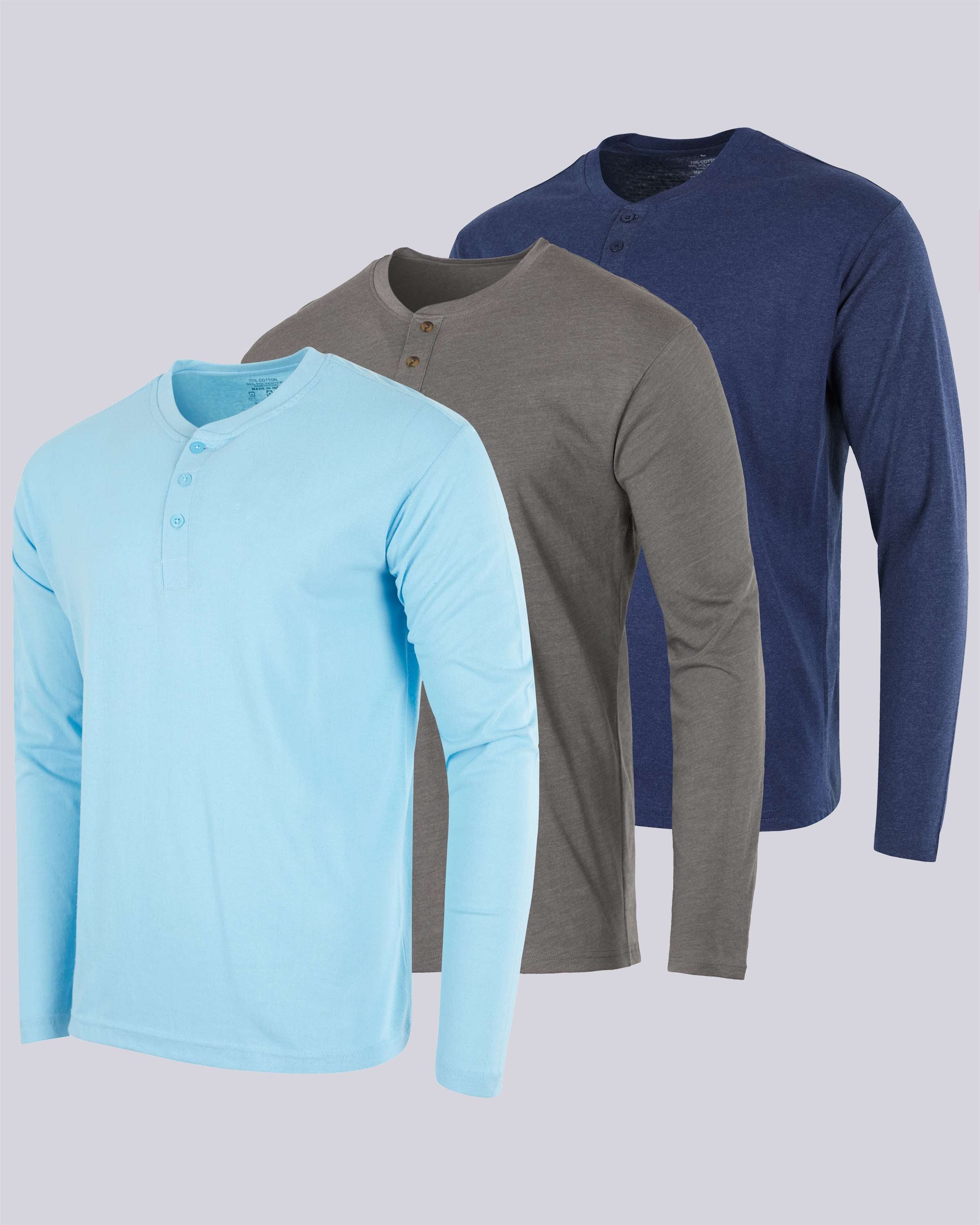 3 Pack: Mens Long Sleeve Cotton Henley T-Shirt