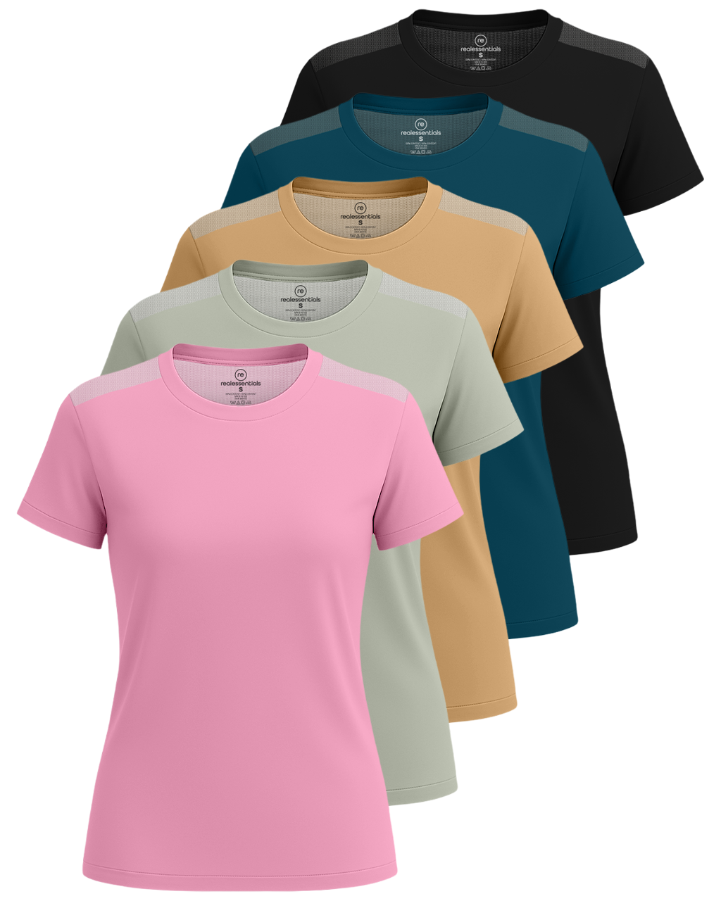 Real Essentials 5 Pack: Women's Short Sleeve Mesh Insert T-Shirts Athletic Tops Gym Workout Yoga Tennis Activewear (Plus)