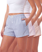 Real Essentials 3 Pack Women's Cotton Pajama Shorts Boxer Lounge Sleepwear PJs with Pockets - Magano Calcite Stripe, Clear Sky Stripe, Pale Lilac Mini Stripe